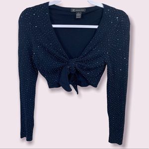 INC Y2K Sequin Bedazzle Shiny Navy Front Tie Crop Top Shirt